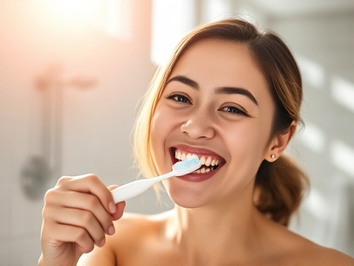 아침에 햇살이 들어오는 밝은 욕실에서 미소를 지으며 올바르게 칫솔질하는 젊은 여성, 구강건강과 치아건강 습관을 상징하는 밝고 건강한 이미지