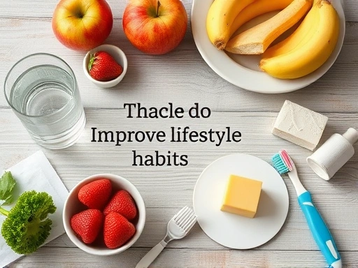 다양한 치아 건강에 좋은 음식 (사과, 치즈, 물)과 구강 위생 용품 (칫솔, 치실)이 깔끔하게 정돈된 테이블, 생활습관 개선을 위한 구체적인 방법들을 시각적으로 보여주는 클로즈업