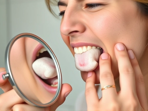입안에 생긴 하얀 혹이나 붉은 돌기를 거울로 자세히 살펴보는 사람의 모습