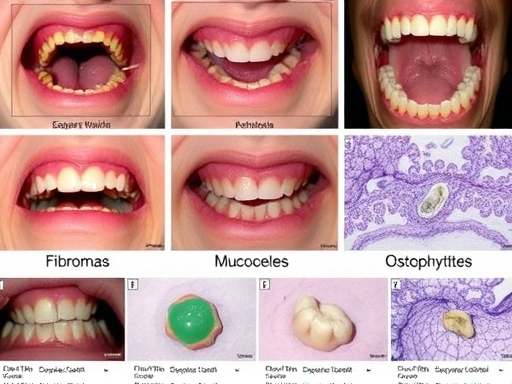 구강 내 섬유종, 점액낭종, 골융기 등 다양한 구강 돌기들의 특징을 보여주는 클로즈업 사진.
