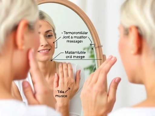 거울을 보며 턱관절과 저작근 주변을 손가락으로 부드럽게 마사지하는 사람이 얼굴에 편안한 표정을 짓고 있는 모습