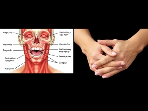 구강 근육의 주요 지점(저작근, 측두근)을 명확히 표시한 인체 해부도와 함께, 마사지하는 손의 클로즈업이 강조되어 구체적인 셀프케어 방법을 안내하는 이미지