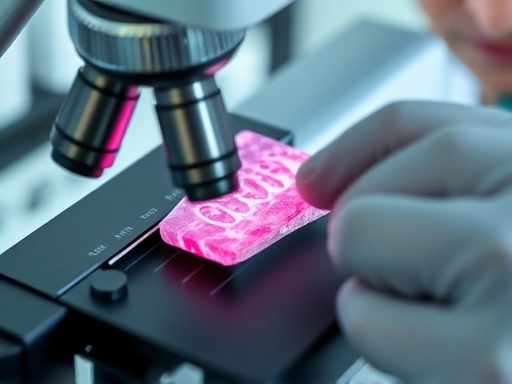 현미경으로 확대된 구강 조직 샘플이 분석되는 클로즈업 이미지