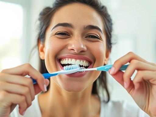 개운하게 칫솔질을 하고 치실을 사용하는 사람이 상쾌한 표정으로 활짝 웃고 있는 모습