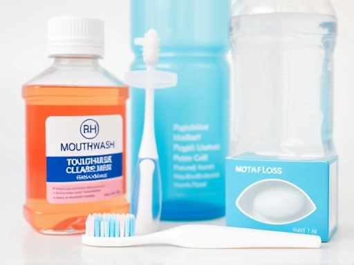 물병 옆에 놓인 구강 청결제, 혀클리너, 칫솔, 치실 등 다양한 구강 위생 용품들이 깔끔하게 정돈된 클로즈업 사진, 일상 속 구강 관리 도구들이 명확하게 보이는 이미지