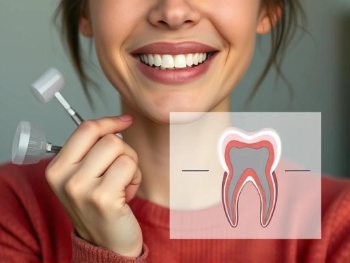 A person, with a worried but hopeful expression, holding their cheek, surrounded by subtly blurred dental instruments and a diagram of an impacted wisdom tooth.