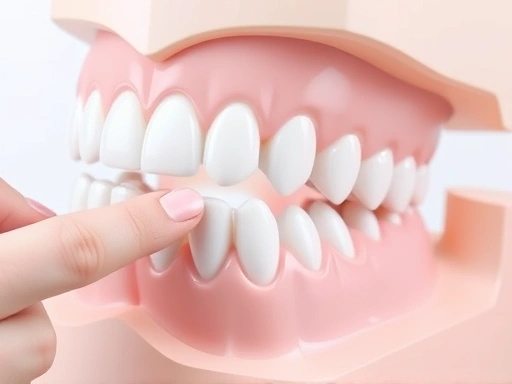 A clear, detailed close-up of a 3D dental model showing a horizontally impacted wisdom tooth pressing against the second molar, with a hand (implied dentist) pointing to the area.