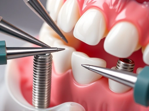 정밀한 치과 도구와 임플란트 나사, 그리고 인공 치아가 놓여 있는 클로즈업 이미지