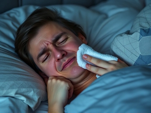 밤에 갑작스럽게 치아 통증을 느끼는 사람이 차가운 찜질팩을 볼에 대고 침대에 누워있는 모습