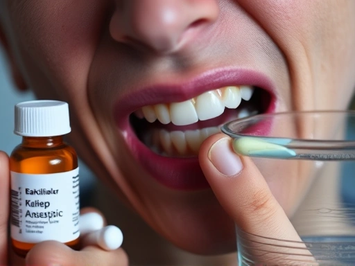 고통스러운 치아 통증을 겪는 사람의 입가에 벤조카인 성분의 국소 마취 연고가 발라져 있는 클로즈업.