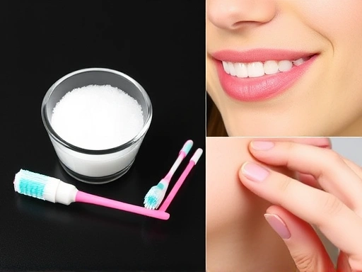 따뜻한 소금물이 담긴 컵 옆에 칫솔과 치실이 놓여 있고, 부드럽게 잇몸을 닦는 손의 클로즈업이 강조되어 구강 청결 유지와 잇몸 염증 완화에 집중한 이미지