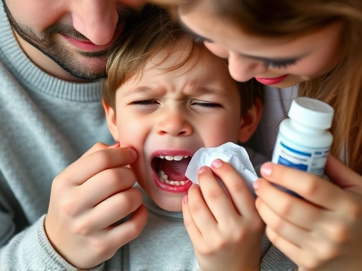 어린이가 아픈 치아를 붙잡고 울고 있으며, 옆에서 부모가 얼음주머니를 대주고 진통제를 건네는 클로즈업 장면