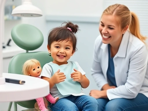 웃고 있는 어린이가 치과 의자와 의사 옆에서 인형으로 치과 놀이를 하는 모습