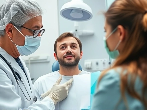 치과 치료실에서 치과 전문의가 환자의 치아 상태를 진단하고 신경치료 과정을 설명하는 장면