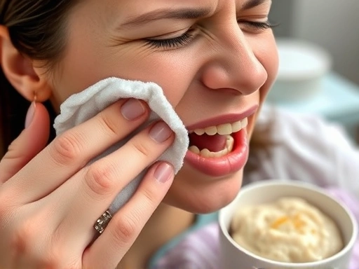 신경치료 후 통증을 완화하기 위해 환자가 볼에 냉찜질을 하고 있으며, 테이블 위에는 진통제와 부드러운 죽이 놓여있는 클로즈업 장면