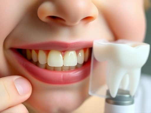 어린 아이의 치아가 엄지 빨기 습관으로 인해 약간 돌출된 모습