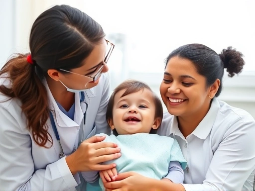 아이가 치과 의사에게 젖니 관리법을 배우고 있는 평화로운 장면