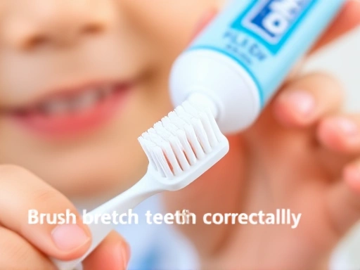 어린아이의 손에 쥐어진 칫솔과 치약이 클로즈업되어 있으며, 치아에 올바르게 칫솔질하는 방법을 시각적으로 보여주는 디테일한 이미지