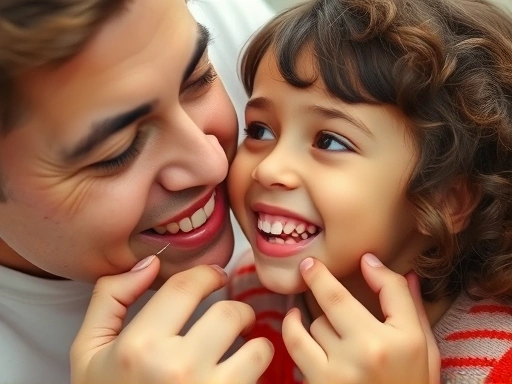 미소 짓는 아이의 치아를 부모가 부드럽게 들여다보며 걱정스러운 표정을 짓고 있는 장면