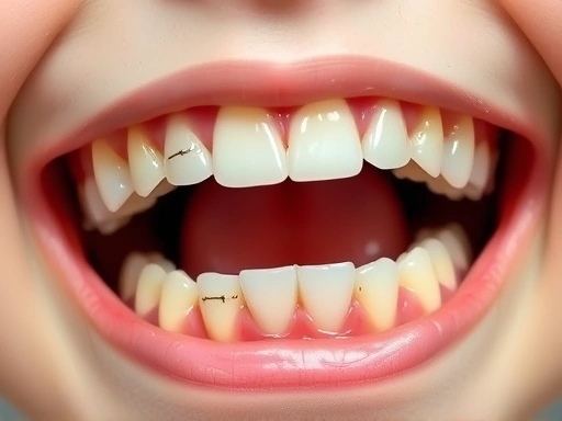 어린이의 입 안 치아 배열이 상세하게 보이는 클로즈업 사진, 유치와 영구치가 섞여 있는 혼합 치열기 모습