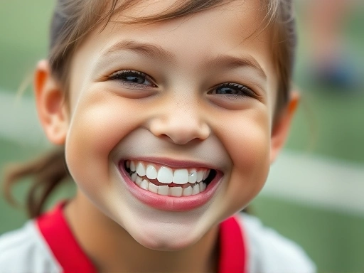 어린이가 스포츠 활동 중 맞춤형 마우스가드 (Mouthguard)를 착용한 채 환하게 웃는 얼굴 클로즈업 사진입니다.