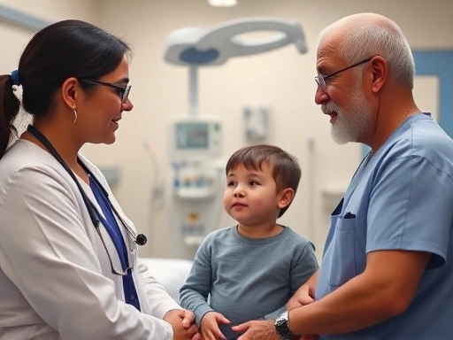 A calm, reassuring scene of a pediatric anesthesiologist talking to a concerned parent and a child before surgery, emphasizing safety and care in a modern hospital setting, with medical equipment in t...