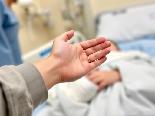 A close-up of a child's hand being gently held by a parent in a hospital recovery room, highlighting the connection and comfort during post-anesthesia recovery, with a focus on care and monitoring.