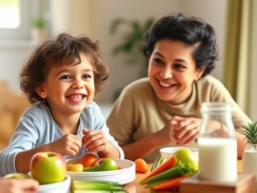 아이가 건강한 채소와 과일이 가득한 식탁에서 엄마와 함께 환하게 웃으며 식사하는 모습