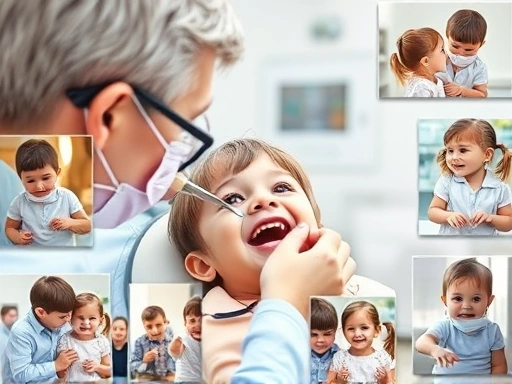 밝은 소아치과에서 치과 의사가 어린 아이의 웃는 얼굴을 보며 치아를 검진하는 모습