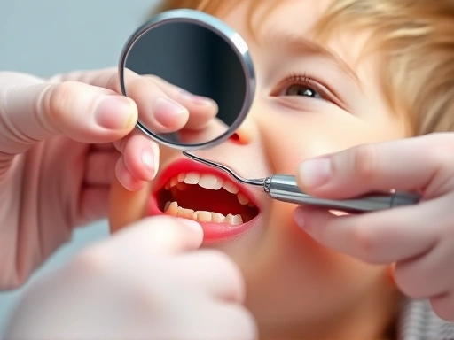 어린이 치과에서 작은 손 거울과 탐침(Explorer)을 사용하여 아이의 작은 유치를 섬세하게 검진하는 치과 의사의 손 클로즈업.