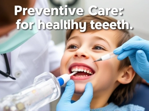 어린이의 웃는 얼굴이 강조되며, 치과 의사가 치아에 불소 도포하는 모습