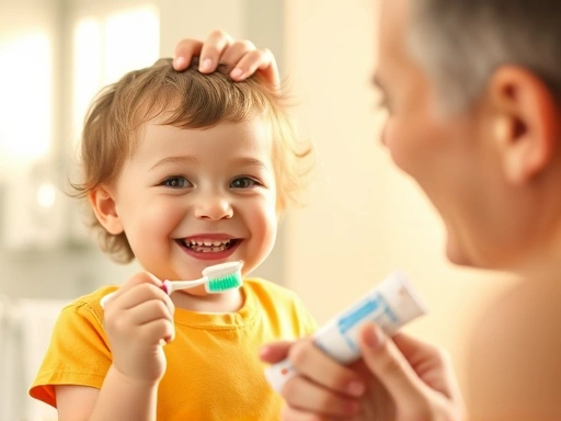 어린이용 칫솔과 치약을 들고 환하게 웃고 있는 아이의 모습