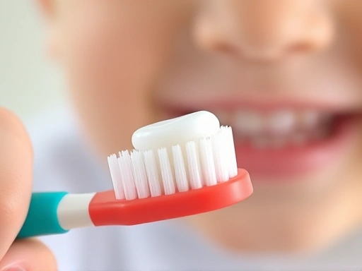 어린이용 부드러운 칫솔모가 선명하게 보이는 클로즈업 사진, 작은 손이 칫솔을 잡고 있는 모습
