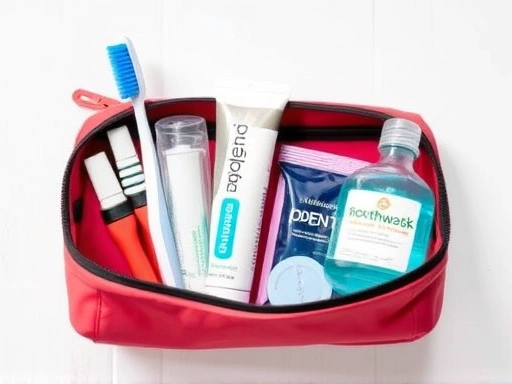 다양한 종류의 휴대용 칫솔, 치약, 치실, 구강 세정제 등 여행용 구강용품들이 파우치에 담겨 있는 모습