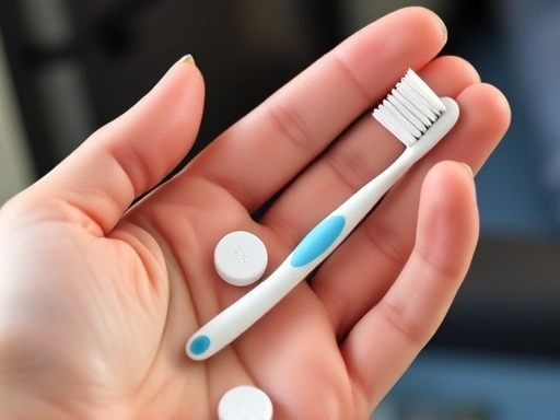 작고 효율적인 휴대용 치약 알약과 접이식 칫솔이 손에 들려있는 클로즈업 사진.