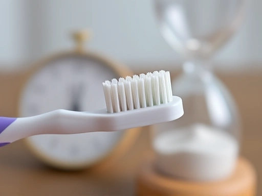 시간을 나타내는 모래시계나 타이머가 배경에 흐릿하게 보이고, 칫솔이 입안에서 움직이는 모습