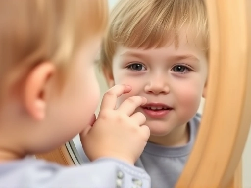 어린 아이가 거울을 보며 흔들리는 앞니를 조심스럽게 만지고 있는 모습