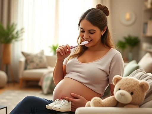 밝은 햇살이 드는 아늑한 거실에서 임산부가 부드러운 칫솔로 조심스럽게 양치질을 하는 모습