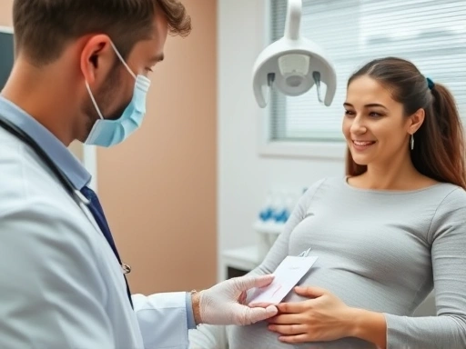 치과 진료실에서 의사가 임산부에게 구강 치료에 대해 친절하게 설명하고 있고, 임산부는 편안한 표정으로 의사의 설명을 경청하는 클로즈업 장면