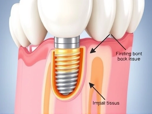 임플란트 픽스처가 잇몸과 뼈에 단단히 유착되는 과정을 클로즈업하여 보여주는 의료 일러스트레이션, 뼈 조직과 임플란트 표면의 상호작용을 상세히 묘사.