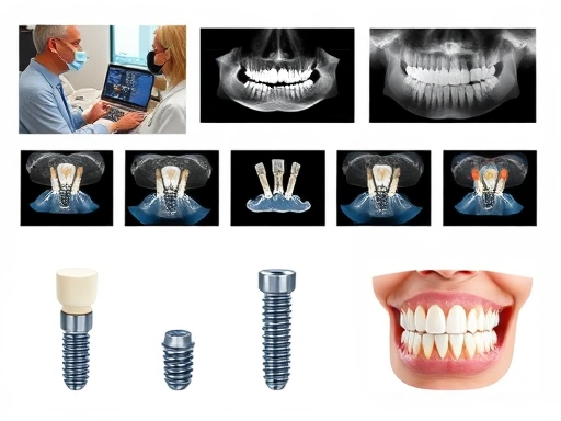 임플란트 수술 과정 전체를 보여주는 그림, 치과의사와 환자가 상담하는 모습