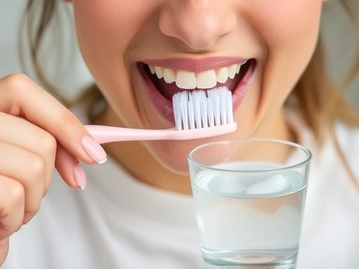 입안 상처로 고통받는 사람이 부드러운 칫솔로 조심스럽게 양치질하는 모습