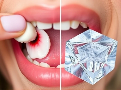 입안 상처 부위에 직접 바르는 연고나 패치, 그리고 얼음 조각이 놓여 있는 클로즈업 사진으로, 통증 완화와 상처 보호의 구체적인 해결책을 시각적으로 보여주는 이미지