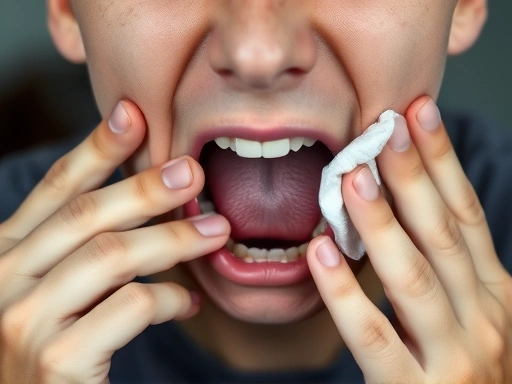 입이 안 벌어져 고통스러워하는 사람이 턱을 잡고 있는 클로즈업 이미지