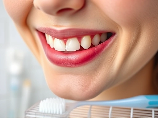 치실과 치간 칫솔, 그리고 부드러운 칫솔이 놓여있는 욕실 선반 위로, 깨끗하고 건강해진 잇몸을 가진 사람의 만족스러운 미소가 클로즈업된 장면