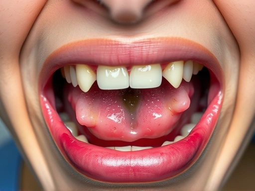 A close-up shot of a person's mouth with a painful, swollen gum area from which pus is emerging, showing a distressed expression, emphasizing the urgency of the dental issue and the need for 잇몸 고름 응급...