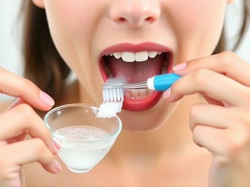 A detailed, clear image showing a person gently rinsing their mouth with salt water, with a toothbrush and dental floss in the background, illustrating a basic oral hygiene practice for 잇몸 관리 and prev...