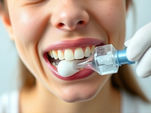 잇몸이 갑자기 부어 불편해하는 사람의 얼굴을 클로즈업하고, 배경에는 소금물 가글이나 냉찜질 도구가 흐릿하게 보이는 구체적인 장면