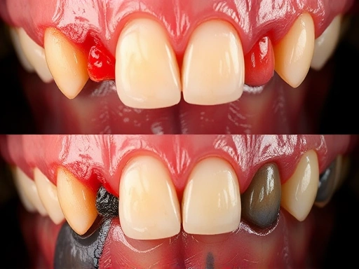 어두운 배경 앞에서 붉거나 창백하거나 검은색 등 다양한 잇몸 색깔 변화의 징후를 명확하게 보여주는 클로즈업 이미지