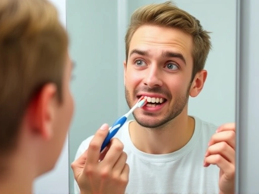 칫솔을 들고 거울을 보며 잇몸에서 피가 나는 자신의 잇몸을 심각하게 바라보는 사람의 모습